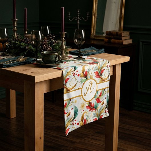 Monogram gekrulde kerst bloemen medium tafelloper