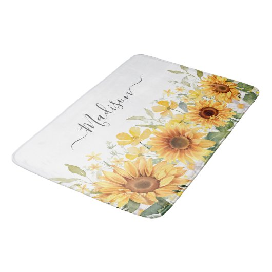 Monogram Gele Bloem Zonnebloem Bloemen Botanisch Badmat (Gekanteld)