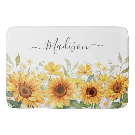 Monogram Gele Bloem Zonnebloem Bloemen Botanisch Badmat (Voorkant)