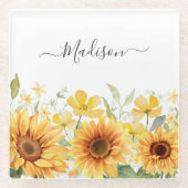 Monogram Gele Bloem Zonnebloem Bloemen Botanisch Glazen Onderzetter (Voorkant)