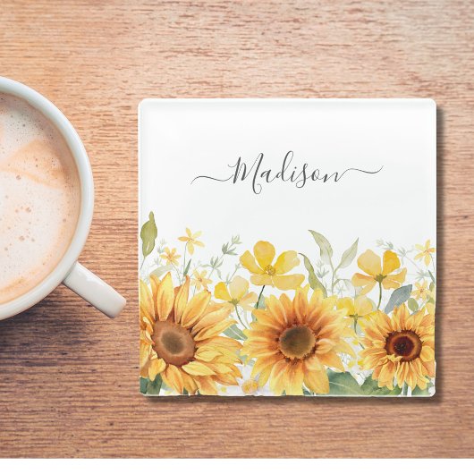 Monogram Gele Bloem Zonnebloem Bloemen Botanisch Glazen Onderzetter