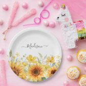 Monogram Gele Bloem Zonnebloem Bloemen Botanisch Papieren Bordje (Feest)