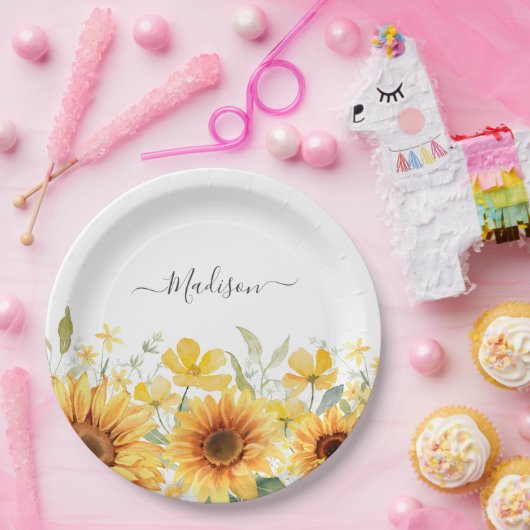 Monogram Gele Bloem Zonnebloem Bloemen Botanisch Papieren Bordje (Feest)