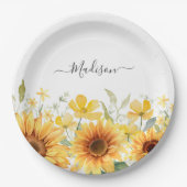 Monogram Gele Bloem Zonnebloem Bloemen Botanisch Papieren Bordje (Voorkant)