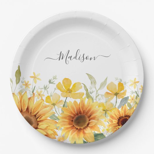 Monogram Gele Bloem Zonnebloem Bloemen Botanisch Papieren Bordje (Voorkant)