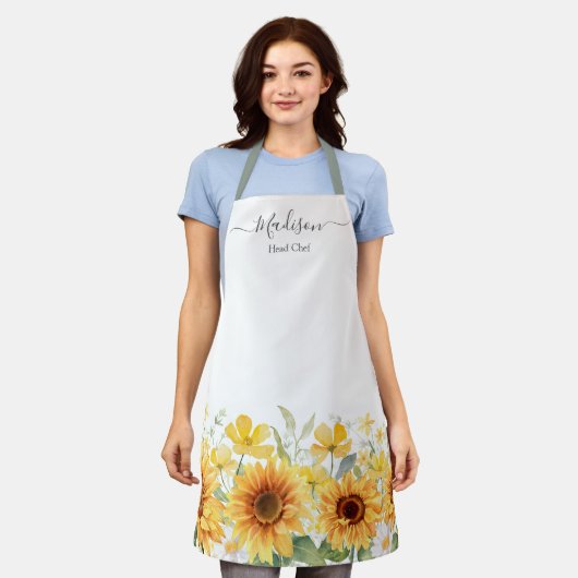 Monogram Gele Bloem Zonnebloem Bloemen Botanisch Schort (Gedragen)