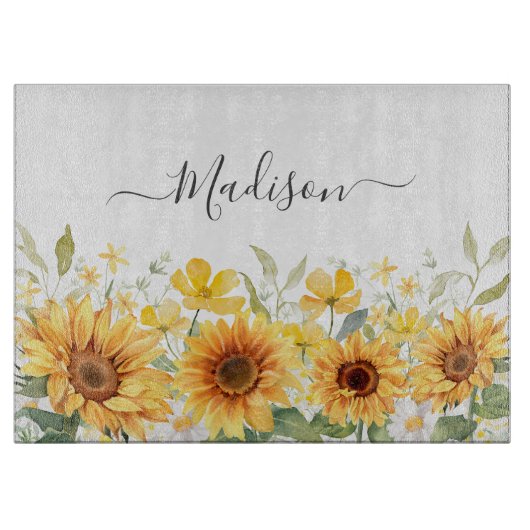 Monogram Gele Bloem Zonnebloem Bloemen Botanisch Snijplank (Voorkant)