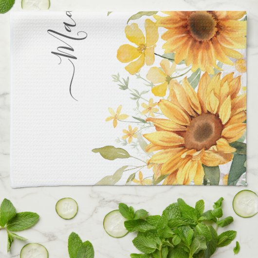 Monogram Gele Bloem Zonnebloem Bloemen Botanisch Theedoek (Gevouwen)