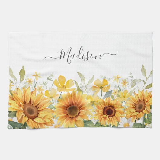 Monogram Gele Bloem Zonnebloem Bloemen Botanisch Theedoek (Horizontaal)