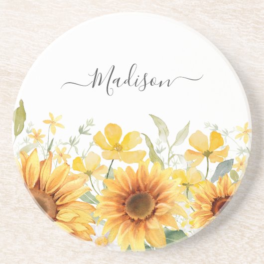 Monogram Gele Bloem Zonnebloem Bloemen Botanisch Zandsteen Onderzetter (Voorkant)