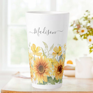 Monogram Gele Bloem Zonnebloem Bloemrijk Botanisch Latte Mok