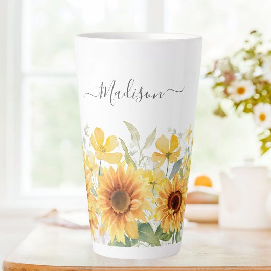 Monogram Gele Bloem Zonnebloem Bloemrijk Botanisch Latte Mok