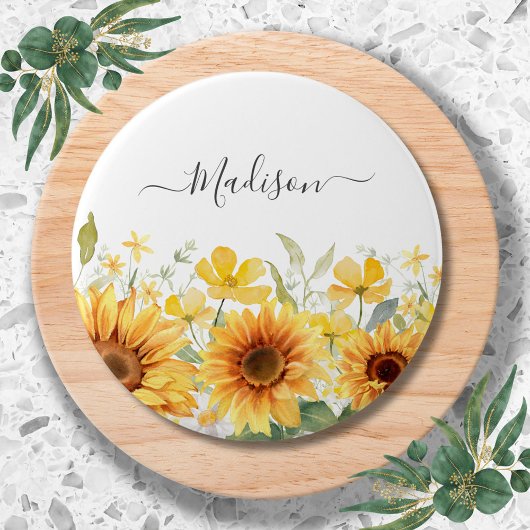 Monogram Gele Bloem Zonnebloem Bloemrijk Botanisch Ronde Button 7,6 Cm