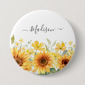 Monogram Gele Bloem Zonnebloem Bloemrijk Botanisch Ronde Button 7,6 Cm (Voorkant)
