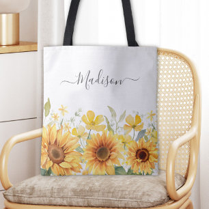 Monogram Gele Bloem Zonnebloem Bloemrijk Botanisch Tote Bag