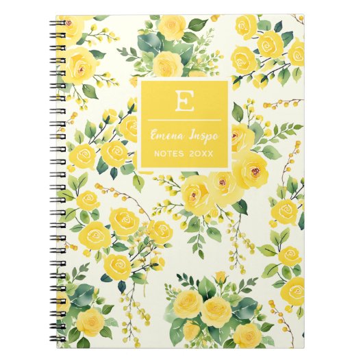 Monogram gele bloemen, esthetische bloemen notitieboek (Voorkant)