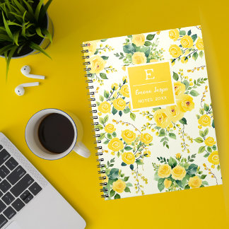 Monogram gele bloemen, esthetische bloemen notitieboek