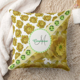 Monogram Gele Bloemen/Groene Edelstenen & Parels Kussen