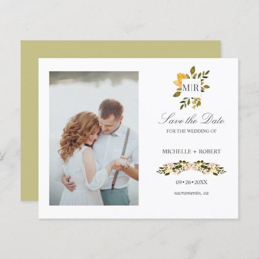 Monogram Gele Floral Foto Weddenschap BEWAART DE D (Voorkant / Achterkant)