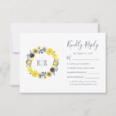 Monogram Gele Grijs Floral Wreath Wedding RSVP Kaartje (Voorkant)