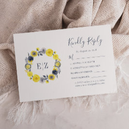 Monogram Gele Grijs Floral Wreath Wedding RSVP Kaartje