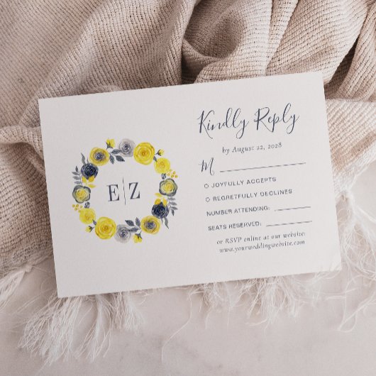 Monogram Gele Grijs Floral Wreath Wedding RSVP Kaartje