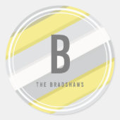 Monogram Gele Grijze Strepen Mod Nieuwjaar Vakanti Ronde Sticker (Voorkant)
