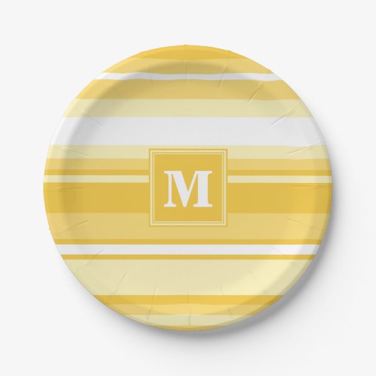 Monogram gele strepen papieren bordje (Voorkant)