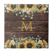 Monogram Gele Zonnebloem Eucalyptus Bruin Hout Tegeltje (Voorkant)