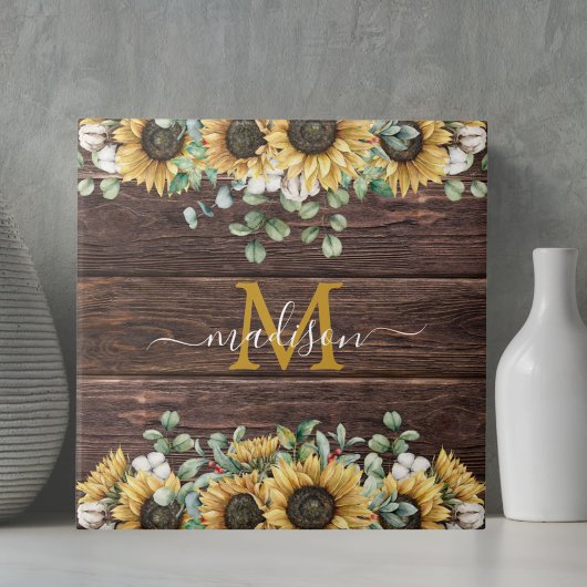 Monogram Gele Zonnebloem Eucalyptus Bruin Hout Tegeltje