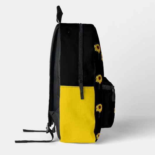 Monogram gele zonnebloemen op zwart bedrukte rugzak (Links)