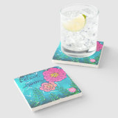 Monogram Gemengde Kunst van Media met Bloemen | Stenen Onderzetter (Zijkant)