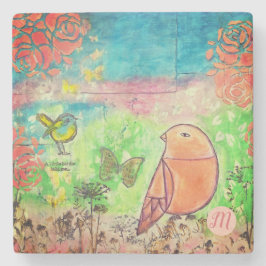 Monogram gemengde media kunst met vogels |  stenen onderzetter