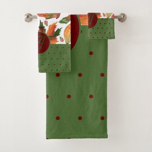 Monogram gemerkte herfstbladeren herfst rood groen bad handdoek (Insitu)