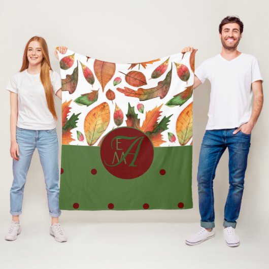 Monogram gemerkte herfstbladeren herfst rood groen fleece deken (In situ)