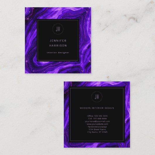 Monogram Geode Black Paars Agate Professional Vierkante Visitekaartje (Voorkant / Achterkant)