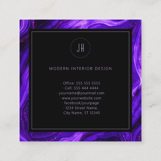 Monogram Geode Black Paars Agate Professional Vierkante Visitekaartje (Achterkant)