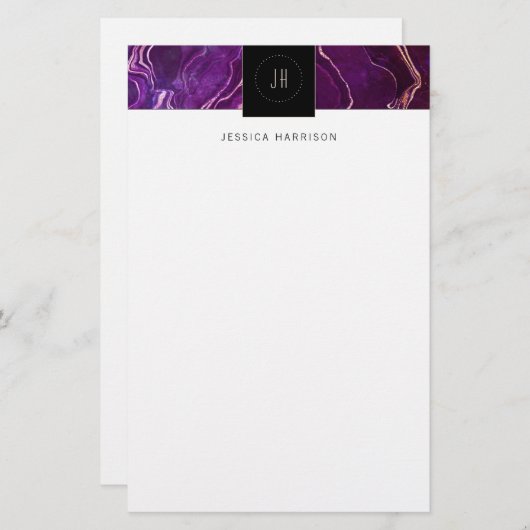 Monogram Geode Dark Paars Black Abstract Agate Briefpapier (Voorkant / Achterkant)