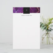 Monogram Geode Dark Paars Black Abstract Agate Briefpapier (Staand voorkant)