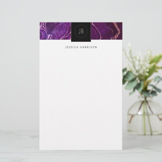 Monogram Geode Dark Paars Black Abstract Agate Briefpapier (Staand voorkant)