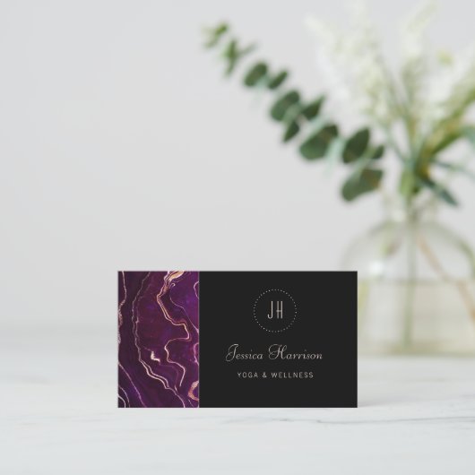 Monogram Geode Dark Paars Black Abstract Modern Visitekaartje (Staand voorkant)