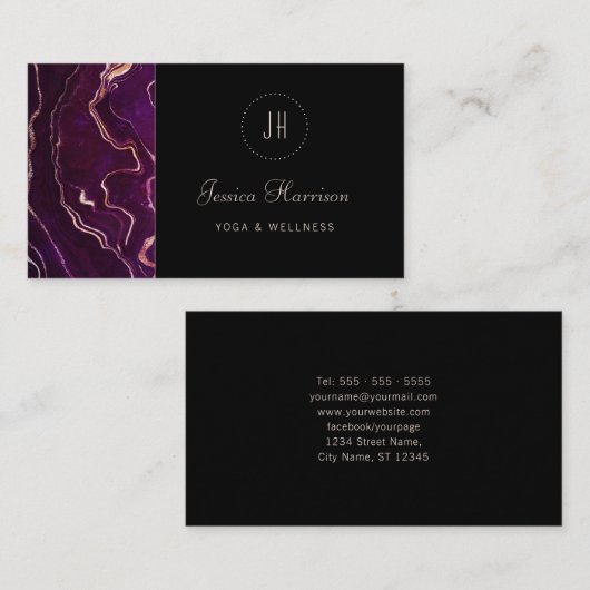 Monogram Geode Dark Paars Black Abstract Modern Visitekaartje (Voorkant / Achterkant)