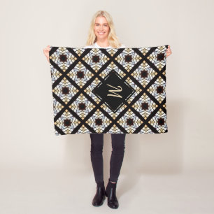 Monogram Geometrisch Zwart Geel Patroon Fleece Deken