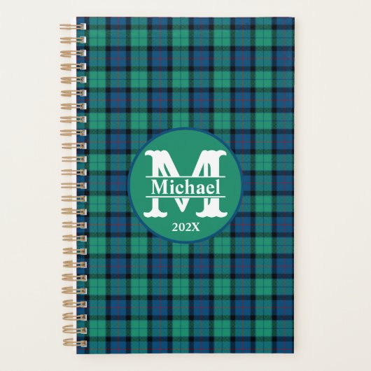 Monogram Gepersonaliseerd Blauw en Groen Plaid Planner (Voorkant)