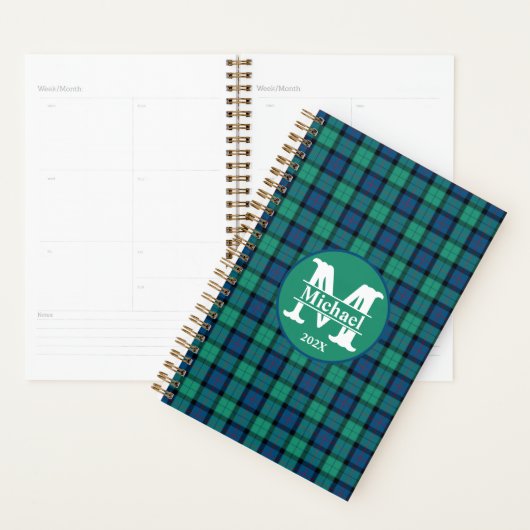 Monogram Gepersonaliseerd Blauw en Groen Plaid Planner (Display)