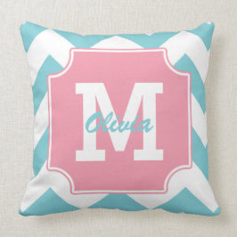 Monogram Gepersonaliseerd Blauw en Roze Chevron Kussen
