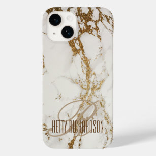 Monogram Gepersonaliseerd Elegant Glitter Wit Marm Case-Mate iPhone 14 Hoesje