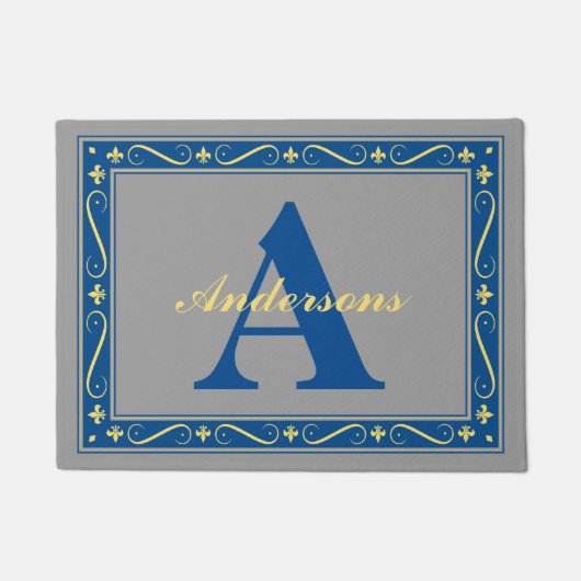 Monogram Gepersonaliseerd Fleur De Lis grens Grijs Deurmat (Voorkant)