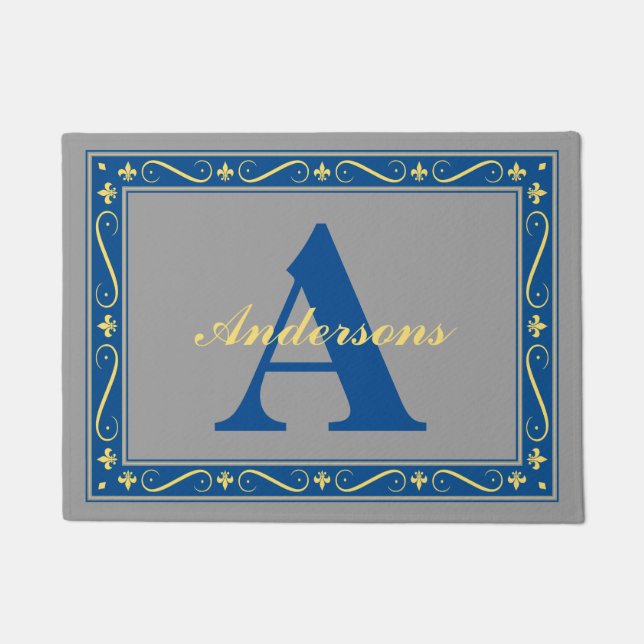 Monogram Gepersonaliseerd Fleur De Lis grens Grijs Deurmat (Voorkant)
