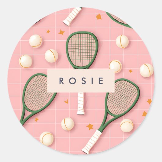 Monogram Gepersonaliseerd Retro Tennis Racket Patr Ronde Sticker (Voorkant)